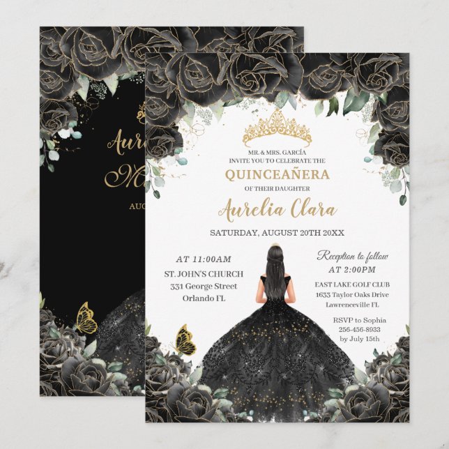 Quinceañera Black Floral Flowers Girl Dress Gold Invitation (Front/Back)