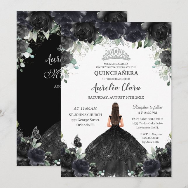 Quinceañera Black Floral Flowers Girl Dress Silver Invitation (Front/Back)