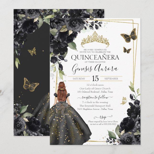 Quinceañera Black Floral Gold Butterfly Dress Invitation (Front/Back)