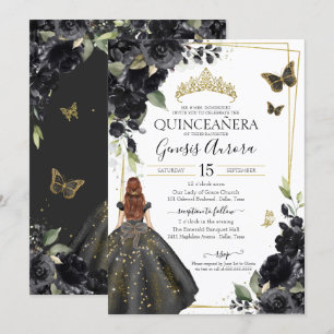 Quinceañera Black Floral Gold Butterfly Dress Invitation