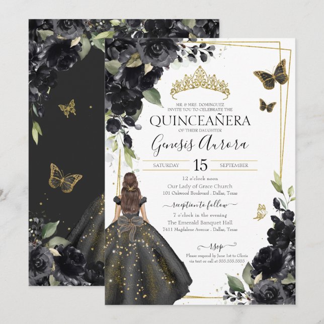 Quinceañera Black Floral Gold Butterfly Dress Invitation (Front/Back)