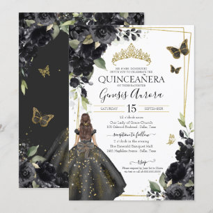 Quinceañera Black Floral Gold Butterfly Dress Invitation
