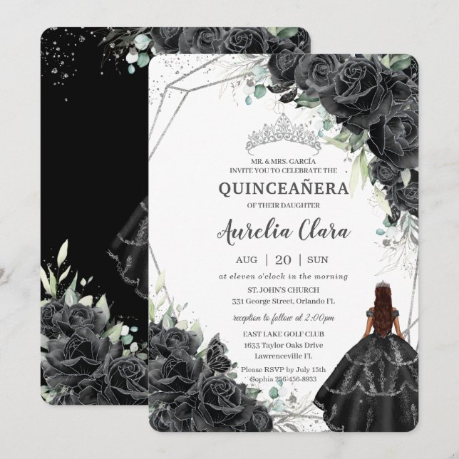Quinceañera Black Floral Roses Brown Tan Princess  Invitation (Front/Back)