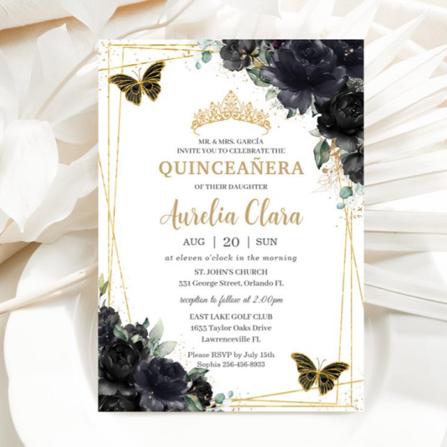 Quinceañera Black Floral Roses Butterflies Gold Invitation (Creator Uploaded)