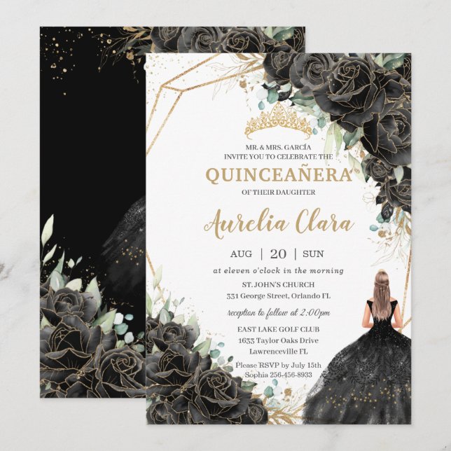 Quinceañera Black Floral Roses Dress Gold Crown  I Invitation (Front/Back)