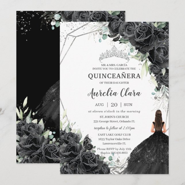 Quinceañera Black Floral Roses Dress Silver Crown Invitation (Front/Back)