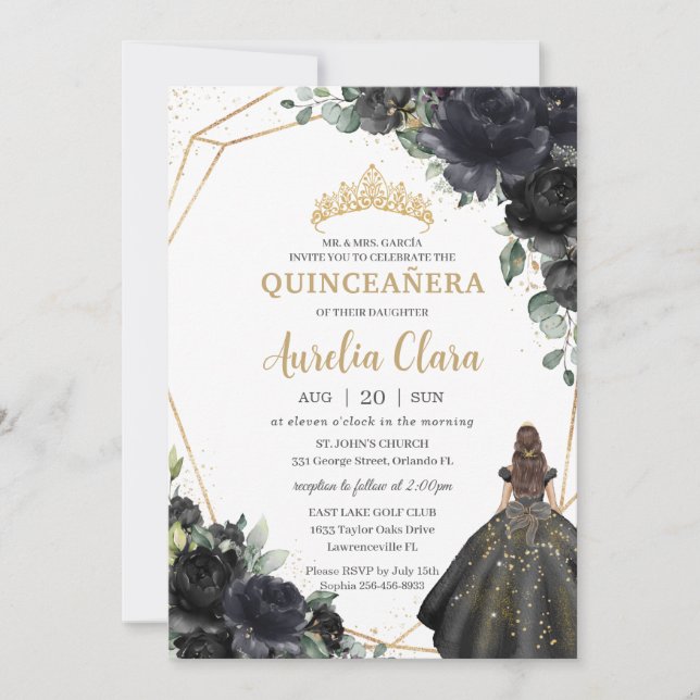 Quinceañera Black Floral Roses Princess Gold Crown Invitation (Front)
