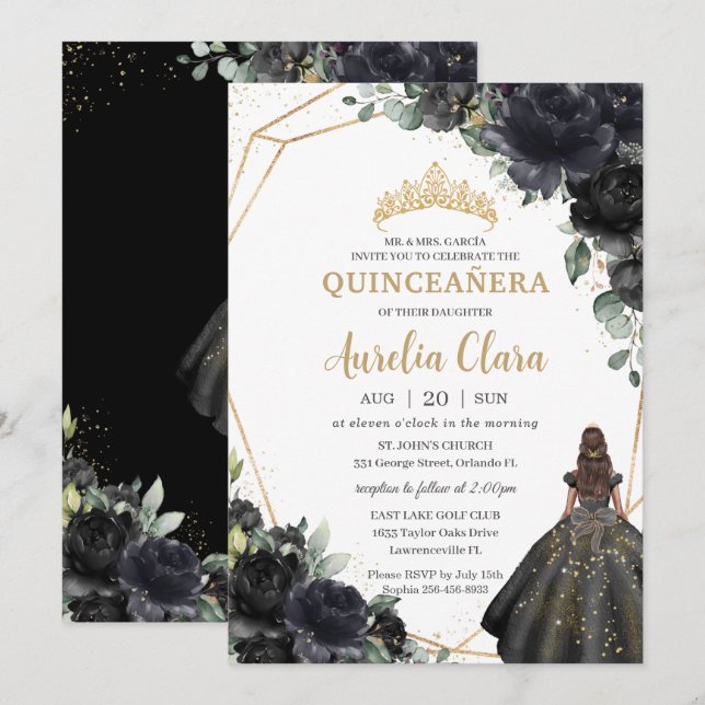 Quinceañera Black Floral Roses Princess Gold Crown Invitation (Front/Back)