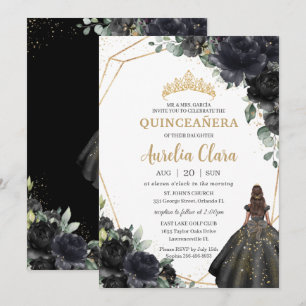 Quinceañera Black Floral Roses Princess Gold Crown Invitation