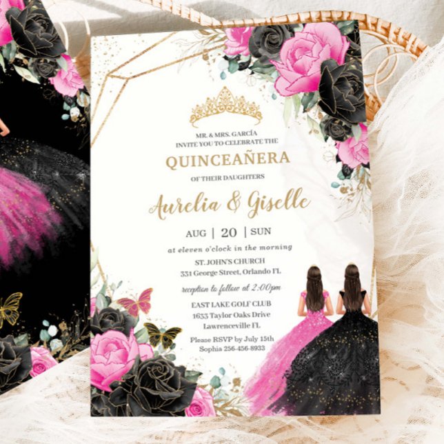 Quinceañera Black Fuchsia Floral Princess Twins Invitation (Creator Uploaded)