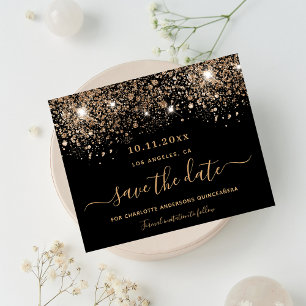 Quinceanera black glitter budget save the date flyer
