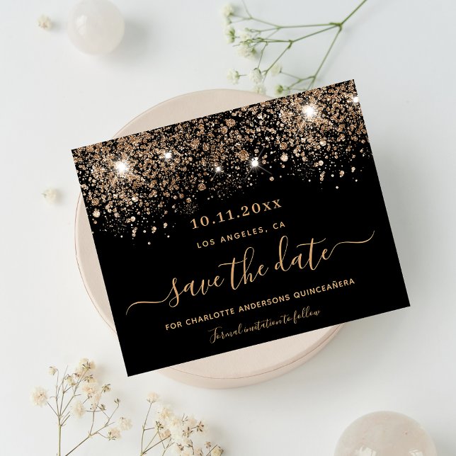 Quinceanera black glitter budget save the date flyer (Creator Uploaded)