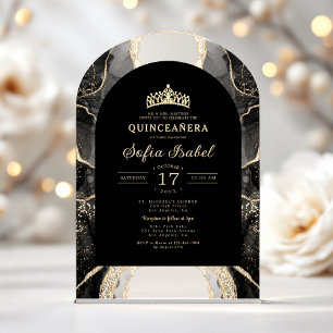 Quinceañera Black Gold Agate Elegant Acrylic Invitations