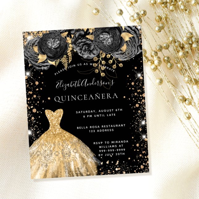 Quinceanera black gold dress floral invitation flyer (Creator Uploaded)