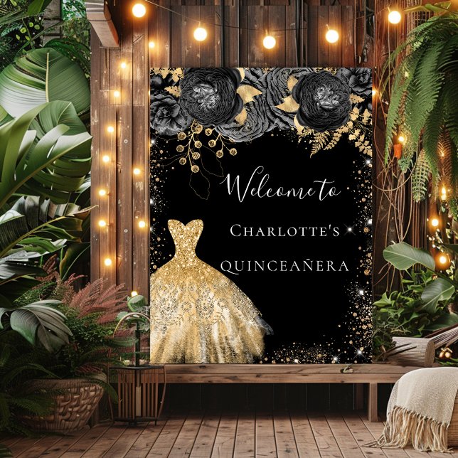 Quinceanera black gold dress floral welcome sign (Creator Uploaded)