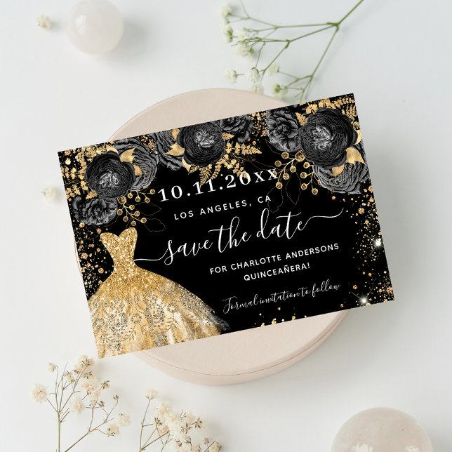 Quinceanera black gold dress florals glamourous save the date (Creator Uploaded)