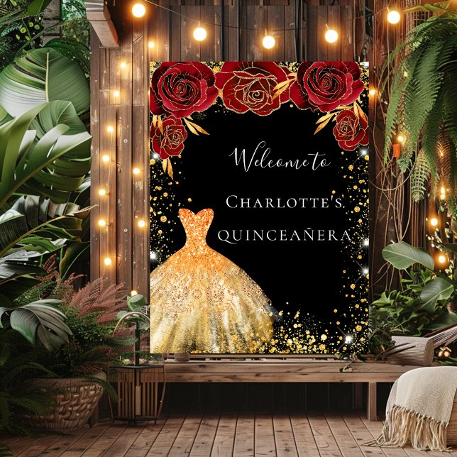Quinceanera black gold dress red floral  welcome poster (Creator Uploaded)