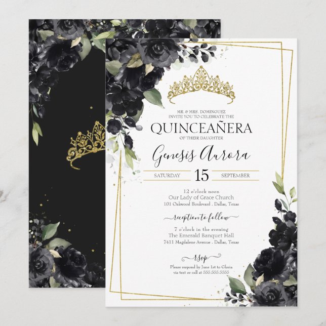 Quinceañera Black & Gold Elegant Watercolor Floral Invitation (Front/Back)