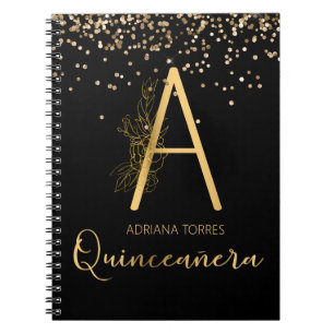 Quinceanera Black Gold Floral A Monogram Notebook 