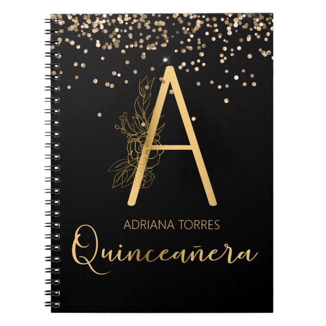 Quinceanera Black Gold Floral A Monogram Notebook  (Front)