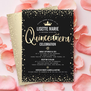 Quinceañera Black Gold Foil Glitter Princess Crown Invitation