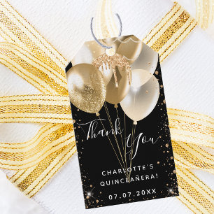 Quinceanera black gold glitter balloon thank you gift tags