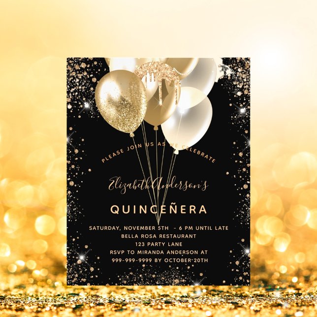 Quinceanera black gold glitter balloons budget flyer (Creator Uploaded)