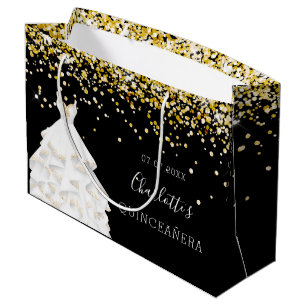 Quinceanera black gold glitter dress name large gift bag