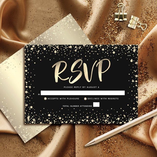 Quinceañera Black Gold Glitter Foil Script Elegant RSVP Card (Creator Uploaded)