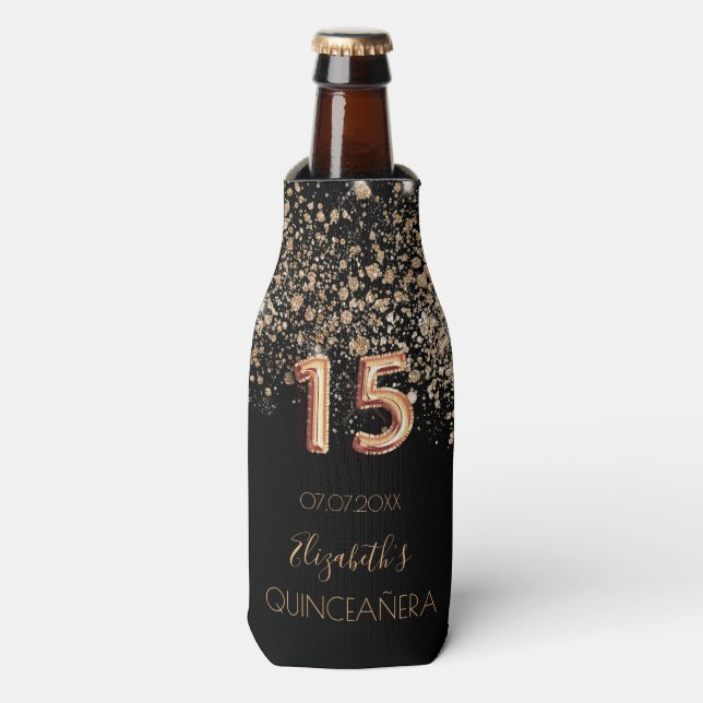 Quinceanera black gold glitter monogram chic bottle cooler (Bottle Front)