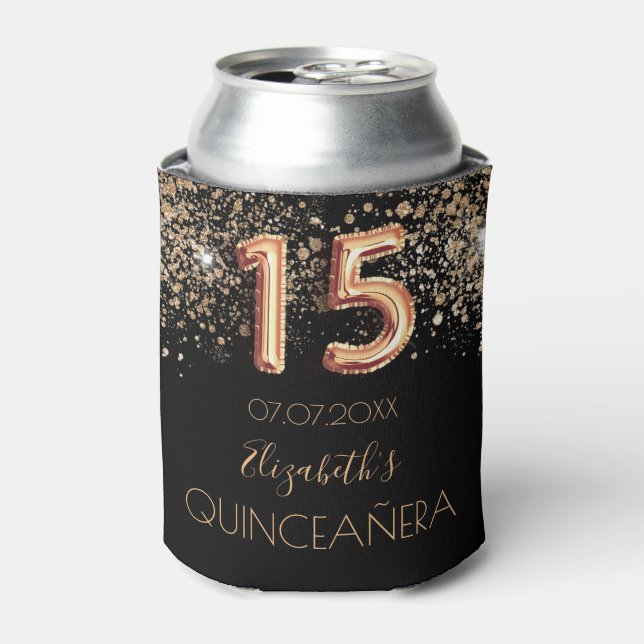 Quinceanera black gold glitter monogram sparkle can cooler (Can Front)