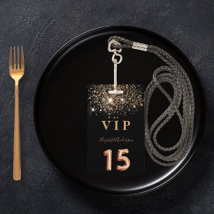 Quinceanera black gold glitter VIP invitation ID Badge