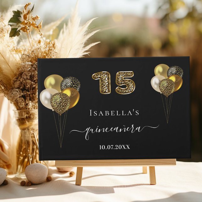 Quinceanera black gold leopard print balloons guest book (Creator Uploaded)
