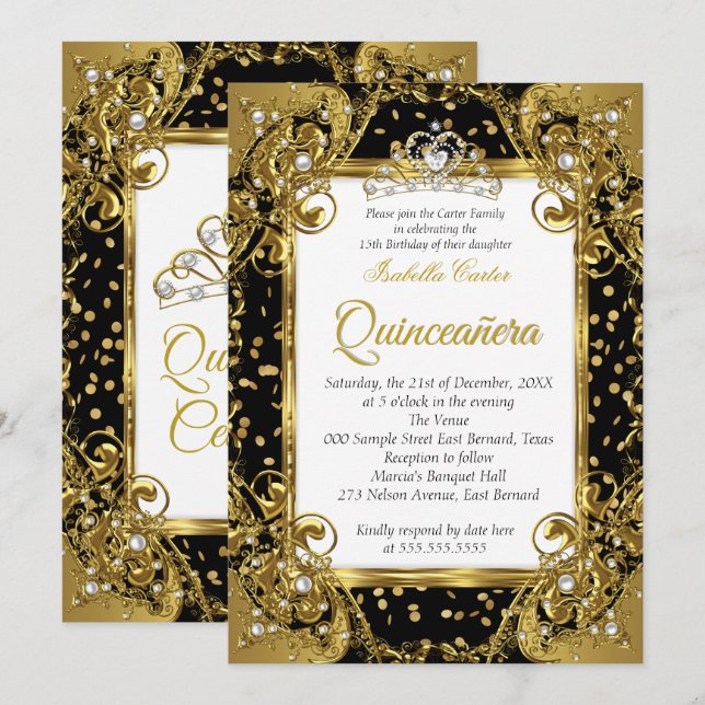 Quinceanera Black Gold Pearl Tiara sparkle Invitation (Front/Back)