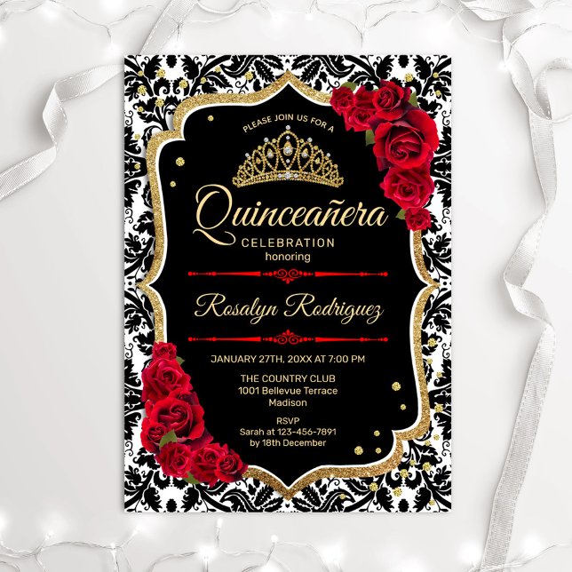Quinceanera - Black Gold Red Invitation (Creator Uploaded)