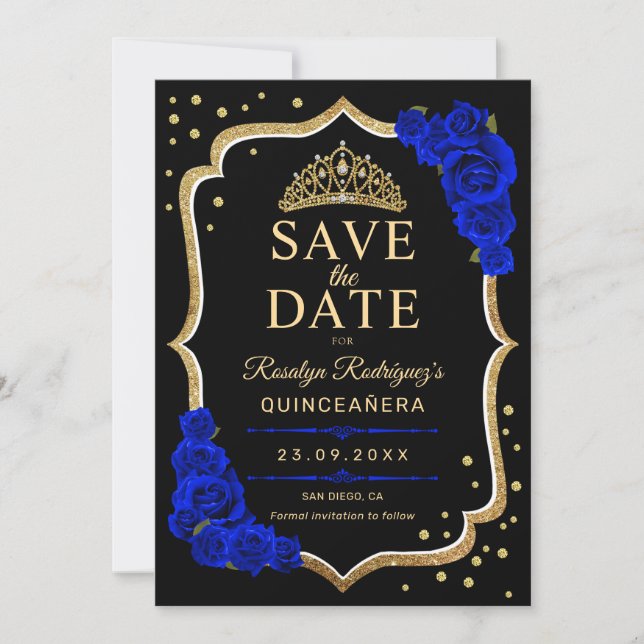Quinceanera Black Gold Royal Blue Save The Date (Front)
