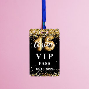 Quinceanera black gold vip party pass ID badge