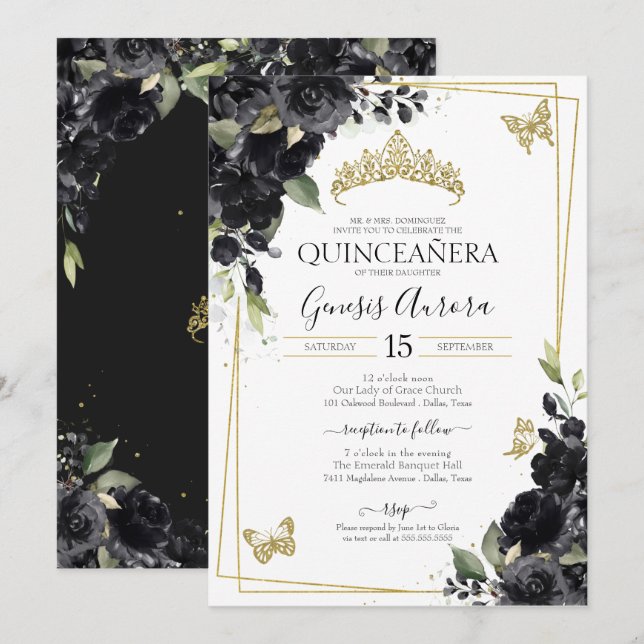 Quinceañera Black Gold Watercolor Floral Butterfly Invitation (Front/Back)