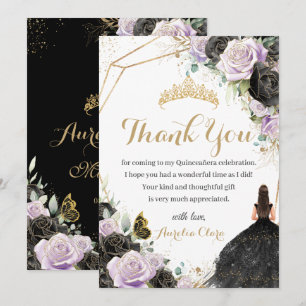 Quinceañera Black Lilac Floral Dress Princess  Thank You Card