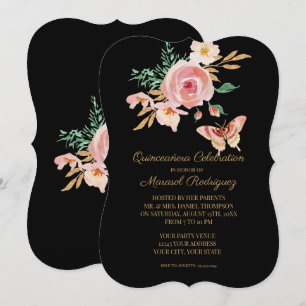 Quinceañera Black n Blush Butterfly w Flowers Gold Invitation