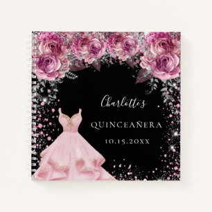 Quinceanera black pink floral dress guest book