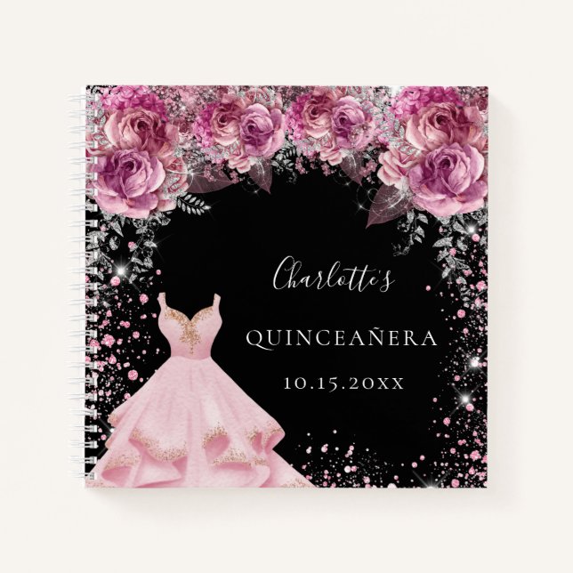 Quinceanera black pink floral dress guest book (Front)