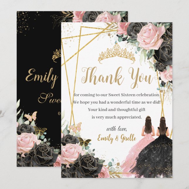 Quinceanera Black Pink Floral Twins Princesses Thank You Card (Front/Back)