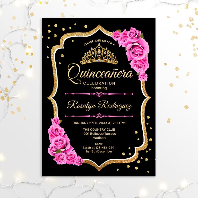 Quinceanera - Black Pink Gold Invitation (Creator Uploaded)