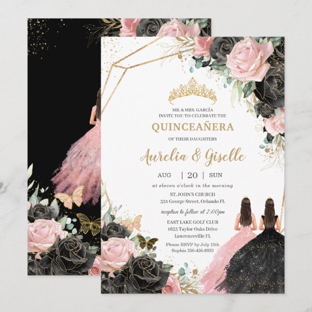 Quinceañera Black Pink Roses Floral Princess Twins Invitation (Front/Back)