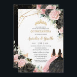 Quinceañera Black Pink Roses Floral Princess Twins Invitation<br><div class="desc">Click the Edit Using Design Tools button to further edit the text,  wording,  font style,  font size,  font colour,  add more text,  move or remove some images.  The butterflies,  quince girls,  crown are moveable,  resizable,  multipliable and removable.
Matching items available in store! (c) The Happy Cat Studio</div>