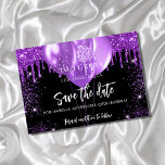 Quinceanera black purple balloons save the date<br><div class="desc">A girly and trendy Save the Date for a Quinceañera,  15th birthday party. A black background decorated with purple faux glitter drips,  sparkles,  and balloons. Personalise and add a date and name/age.  The text: Save the Date is written with a large trendy hand lettered style script.</div>
