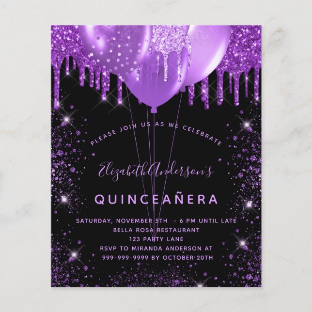 Quinceanera black purple glitter budget invitation flyer (Front)