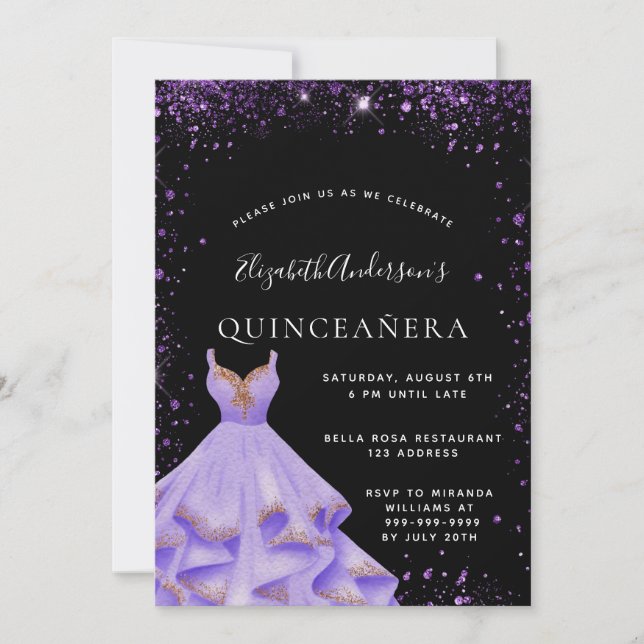Quinceanera black purple glitter dress invitation (Front)