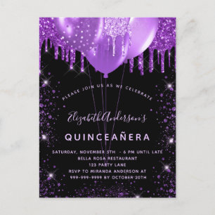 Quinceanera black purple glitter dust balloons invitation postcard